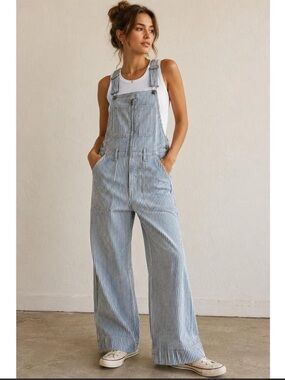 New Abercrombie & Fitch Y2K Railroad Wide Leg Striped Denim Overall Dungarees